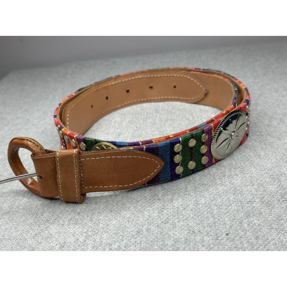 Vtg 90s Boho Belt Y2K Woven leather Concho & Studs Silver/Brass L/37" W